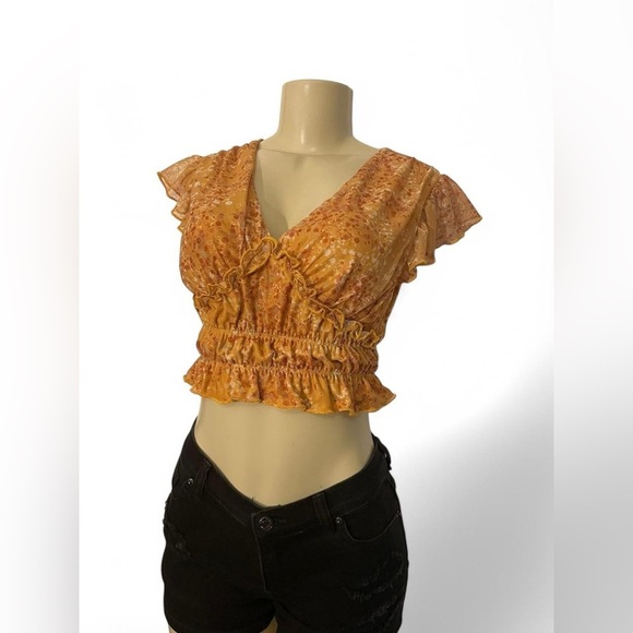 Gypsies & Moondust Orange Ruffled Cap Sleeve Crop Blouse - Picture 1 of 5
